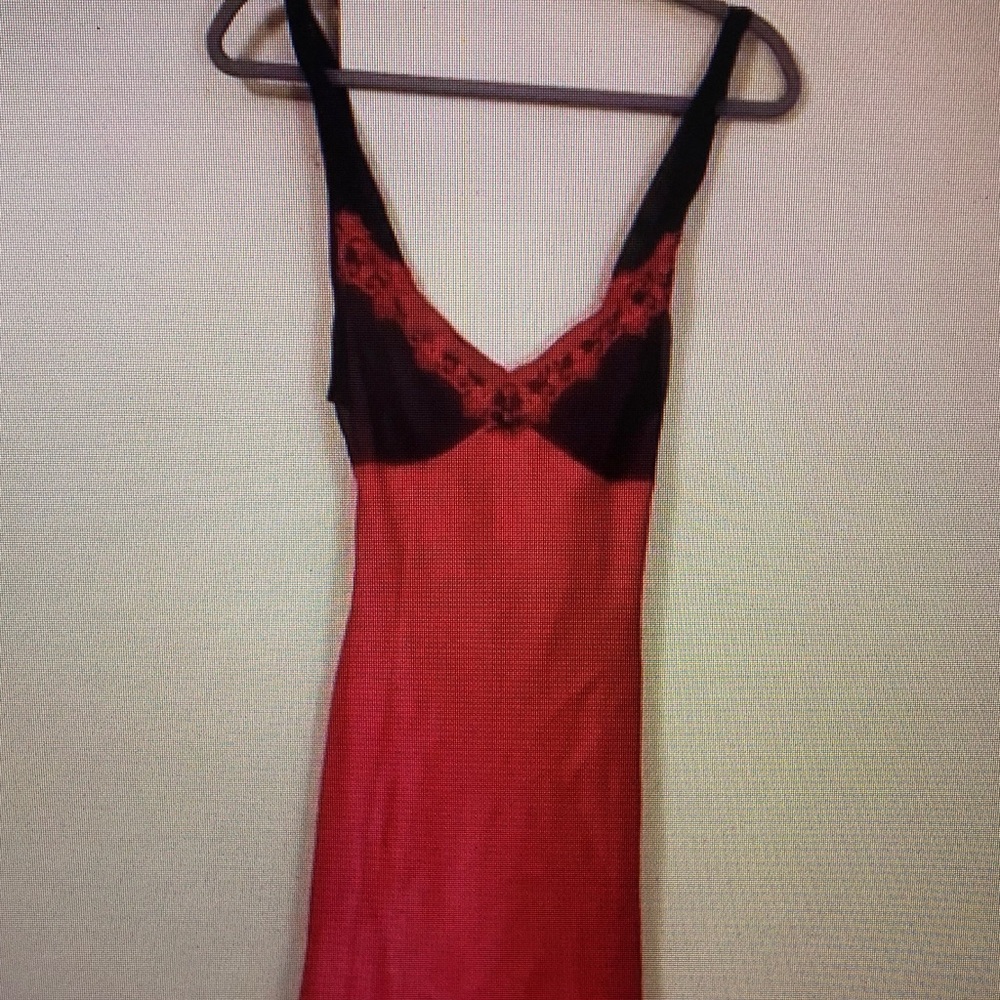 Red Lace-Trim Slip Dress with Black Accents
